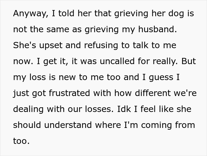 “A Dog Is Not The Same As A Husband”: Woman Loses Patience With Her Sister For Nonstop Comparisons Of Their Losses “A Dog Is Not The Same As A Husband”: Woman Loses Patience With Her Sister For Nonstop Comparisons Of Their Losses