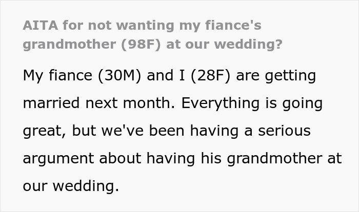 "I Am The Bride After All": Woman Doesn't Want Fiancé's Grandma At Her Wedding, Starts A Drama "I Am The Bride After All": Woman Doesn't Want Fiancé's Grandma At Her Wedding, Starts A Drama