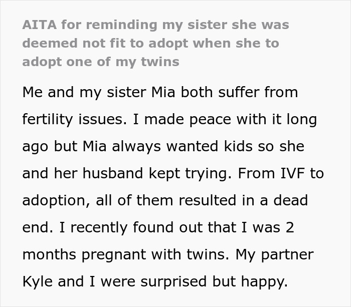 Woman Asks The Internet If She's A Jerk For Refusing To Let Her Sister Adopt One Of Her Twins Once They're Born