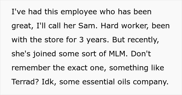 General Manager Asks If He Was A Jerk To Fire MLM Employee For Selling Pyramid Scheme Products At Work General Manager Asks If He Was A Jerk To Fire MLM Employee For Selling Pyramid Scheme Products At Work