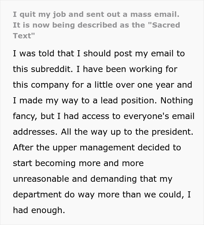 Employee Quits Their Job, Sends Out An Email That Others Call The “Sacred Text” Employee Quits Their Job, Sends Out An Email That Others Call The “Sacred Text”