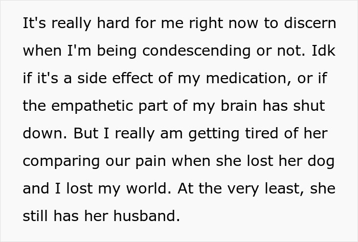 “A Dog Is Not The Same As A Husband”: Woman Loses Patience With Her Sister For Nonstop Comparisons Of Their Losses “A Dog Is Not The Same As A Husband”: Woman Loses Patience With Her Sister For Nonstop Comparisons Of Their Losses