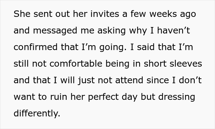 Family Drama Ensues As This Woman Decides Not To Attend Her Sister’s Wedding, Not Willing To Comply With The Strict Dress Code She Dislikes Family Drama Ensues As This Woman Decides Not To Attend Her Sister’s Wedding, Not Willing To Comply With The Strict Dress Code She Dislikes