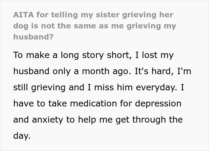 “A Dog Is Not The Same As A Husband”: Woman Loses Patience With Her Sister For Nonstop Comparisons Of Their Losses “A Dog Is Not The Same As A Husband”: Woman Loses Patience With Her Sister For Nonstop Comparisons Of Their Losses