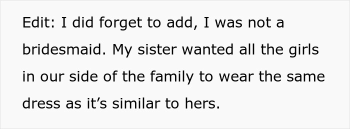 Family Drama Ensues As This Woman Decides Not To Attend Her Sister’s Wedding, Not Willing To Comply With The Strict Dress Code She Dislikes Family Drama Ensues As This Woman Decides Not To Attend Her Sister’s Wedding, Not Willing To Comply With The Strict Dress Code She Dislikes