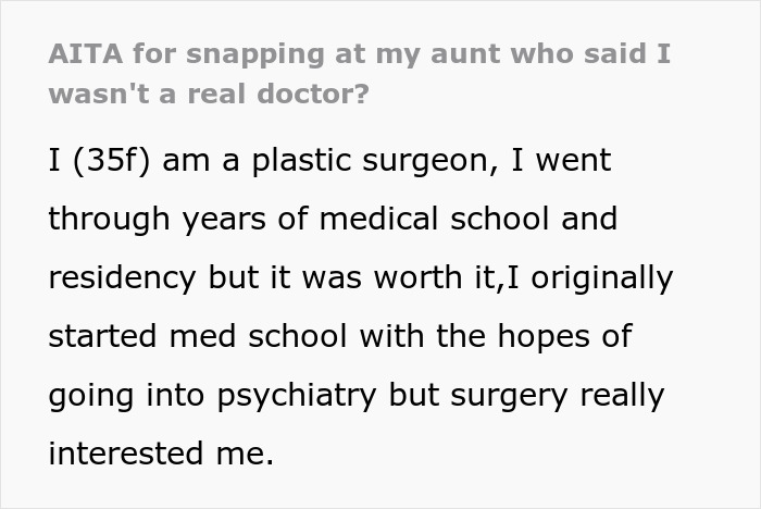 Plastic Surgeon Has Enough Of Aunt Bashing Her Profession And Idolizing Her Nurse Daughter, Viciously Mocks Both Of Them Plastic Surgeon Has Enough Of Aunt Bashing Her Profession And Idolizing Her Nurse Daughter, Viciously Mocks Both Of Them