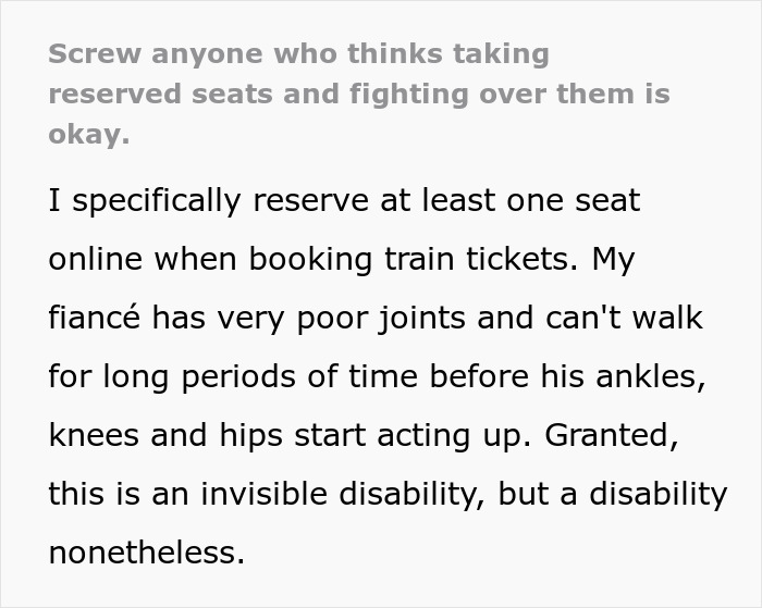 Person Couldn’t Boot A Guy On The Train From The Seat Reserved For Their Disabled Fiancé, Vents Online
