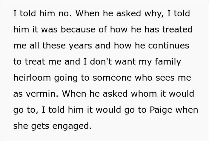 Jerk Stepson Treats Stepmom Like "Vermin" For 20 Odd Years, Shocked When She Won't Pass Family Heirloom To Him