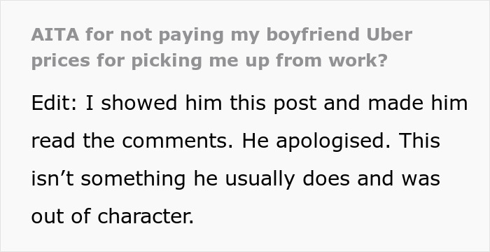Boyfriend Demands To Be Paid The Same As Uber For Picking Girlfriend Up From Work, And The Woman Is Perplexed Boyfriend Demands To Be Paid The Same As Uber For Picking Girlfriend Up From Work, And The Woman Is Perplexed
