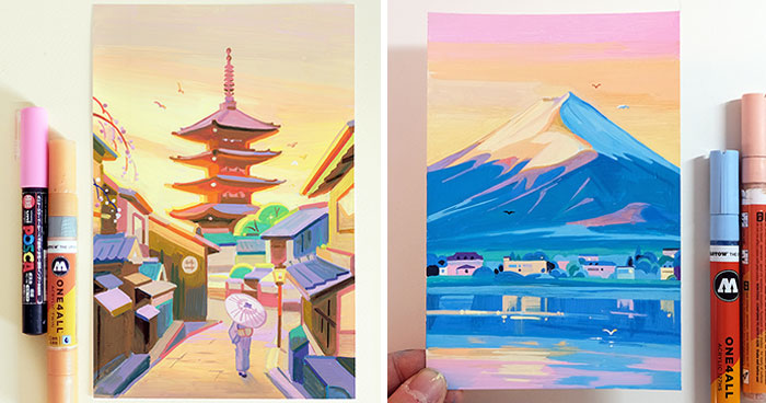 I Made 20 Images Using Acrylic Markers That Showcase The Places I Visited In Japan