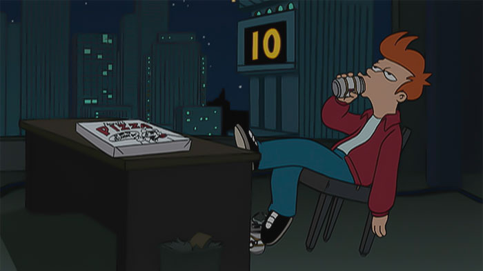 Fry drinking beer and sitting on the chair from Futurama Space Pilot 3000