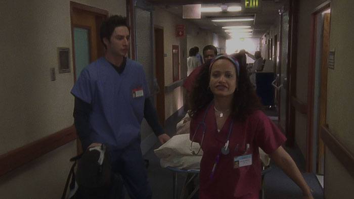 Carla and J.D. walking from Scrubs My First Day