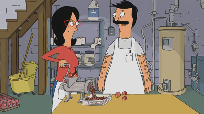 Bob and Linda making meat from Bob's Burgers Human Flesh