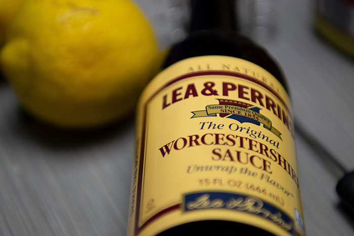 Close-up bottle of Worcestershire sauce