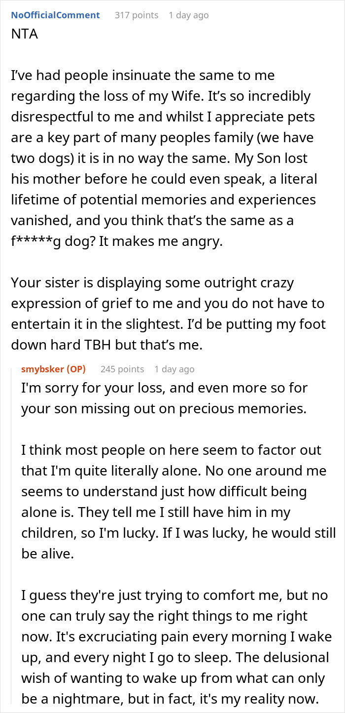 “A Dog Is Not The Same As A Husband”: Woman Loses Patience With Her Sister For Nonstop Comparisons Of Their Losses “A Dog Is Not The Same As A Husband”: Woman Loses Patience With Her Sister For Nonstop Comparisons Of Their Losses