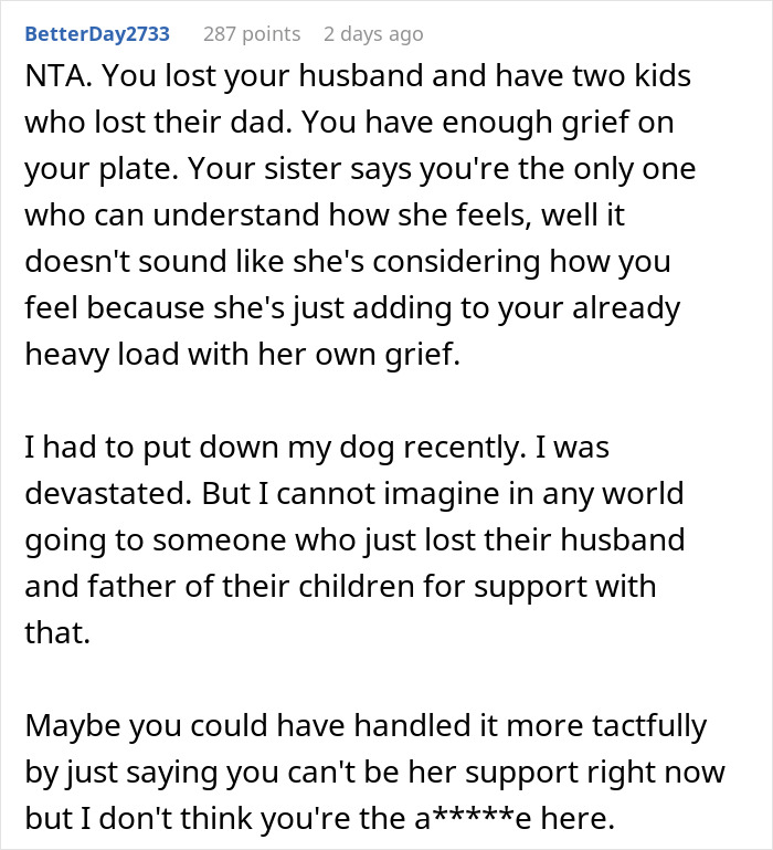 “A Dog Is Not The Same As A Husband”: Woman Loses Patience With Her Sister For Nonstop Comparisons Of Their Losses “A Dog Is Not The Same As A Husband”: Woman Loses Patience With Her Sister For Nonstop Comparisons Of Their Losses