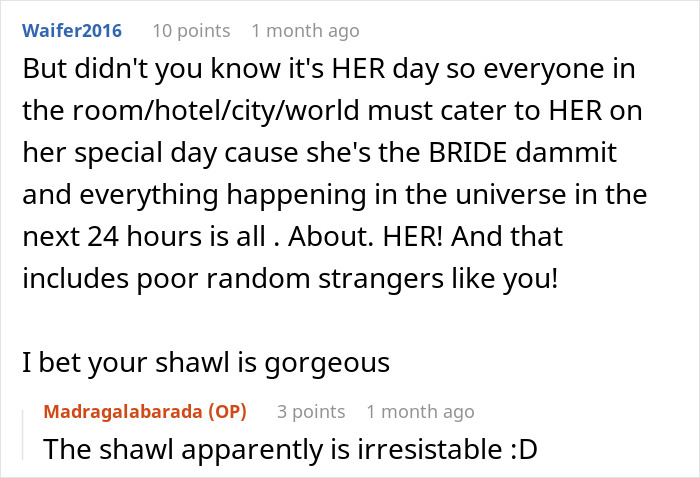 Random Hotel Guest Knits Shawl In The Lobby, A Bride Enters And Demands It As A Wedding Present Random Hotel Guest Knits Shawl In The Lobby, A Bride Enters And Demands It As A Wedding Present