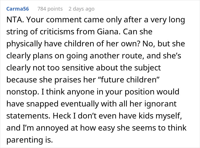 Brother’s Infertile Girlfriend Keeps Making Judgy Comments Regarding This Woman's Parenting, She Can’t Take It Anymore And Snaps Back Brother’s Infertile Girlfriend Keeps Making Judgy Comments Regarding This Woman's Parenting, She Can’t Take It Anymore And Snaps Back