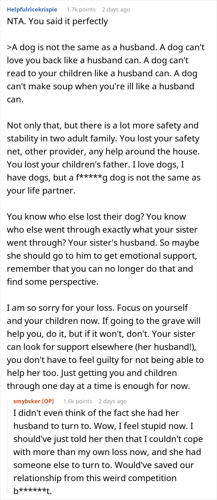 “A Dog Is Not The Same As A Husband”: Woman Loses Patience With Her Sister For Nonstop Comparisons Of Their Losses “A Dog Is Not The Same As A Husband”: Woman Loses Patience With Her Sister For Nonstop Comparisons Of Their Losses