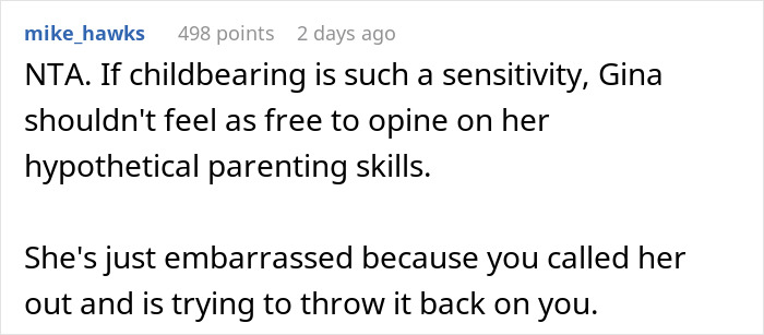 Brother’s Infertile Girlfriend Keeps Making Judgy Comments Regarding This Woman's Parenting, She Can’t Take It Anymore And Snaps Back Brother’s Infertile Girlfriend Keeps Making Judgy Comments Regarding This Woman's Parenting, She Can’t Take It Anymore And Snaps Back