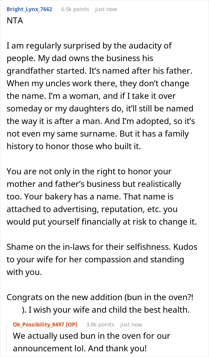 This Guy Was Named After His Late Parents' Bakery, So He Flatly Refuses To Rename It On MIL's Persistent Demands This Guy Was Named After His Late Parents' Bakery, So He Flatly Refuses To Rename It On MIL's Persistent Demands