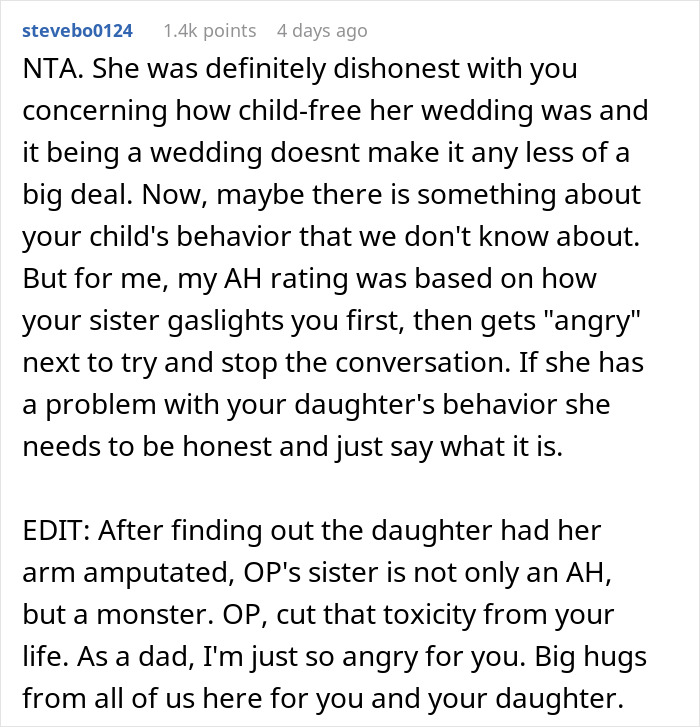 Man Condemns Sister For Excluding His Amputee Daughter From Allegedly ‘Child-Free’ Wedding Man Condemns Sister For Excluding His Amputee Daughter From Allegedly ‘Child-Free’ Wedding