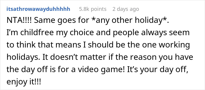 "I Honestly Don't Really Care": Person Refuses To Give Up Their Day Off To Play A Video Game