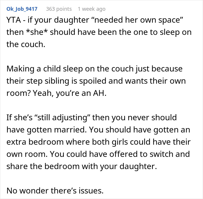 Mom Can't Believe Her Husband Suggested Her Daughter Sleep On The Couch, While His Daughter Gets A Whole Room To Herself Mom Can't Believe Her Husband Suggested Her Daughter Sleep On The Couch, While His Daughter Gets A Whole Room To Herself