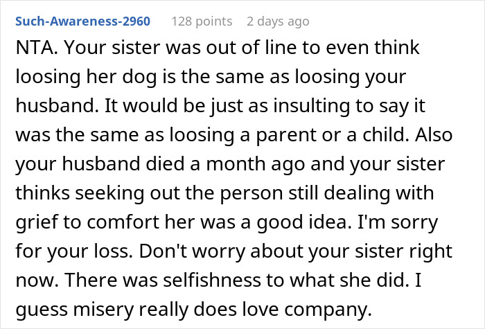 “A Dog Is Not The Same As A Husband”: Woman Loses Patience With Her Sister For Nonstop Comparisons Of Their Losses “A Dog Is Not The Same As A Husband”: Woman Loses Patience With Her Sister For Nonstop Comparisons Of Their Losses