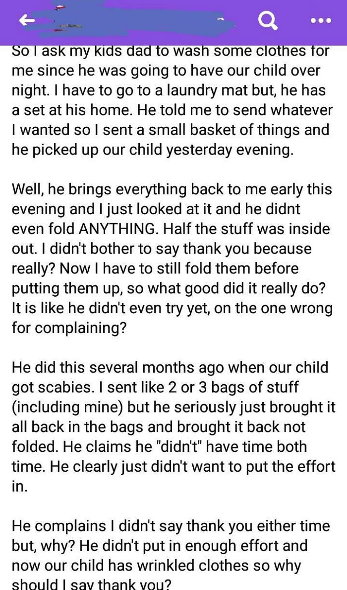 Guy Washes Clothes For His Ex-Wife Because She Doesn't Have A Washer Or Dryer. She Posts This Online Because He Didn't Fold Them For Her As Well