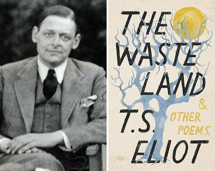 Portrait of Thomas Stearns Eliot and book cover of The Waste Land