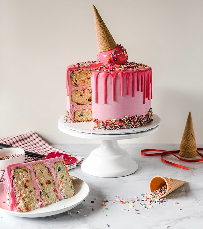Pink cake with ice cream