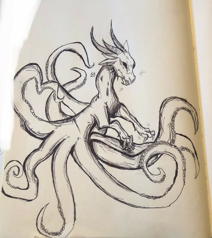 Am I Allowed To Post Two??? I Apologize If Not. I Just Rlly Love This Pen Sketch Of A Dragon Octopus I Did Last Night! (That's Why The Shading Looks A Bit Off.)