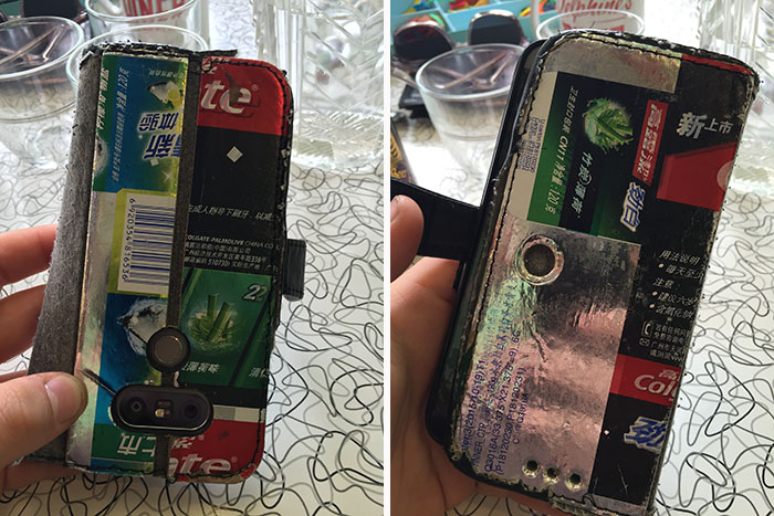 My Cousin Peeled Away The "Leather" Exterior On His Phone Case To Reveal It Was Made Using A Toothpaste Box