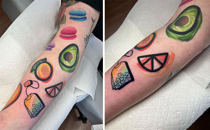Macarons, avocado, orange and bag of tea watercolor tattoo