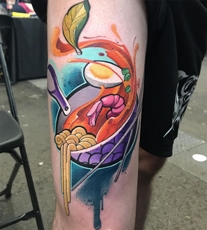 Bowl of ramen in action watercolor tattoo