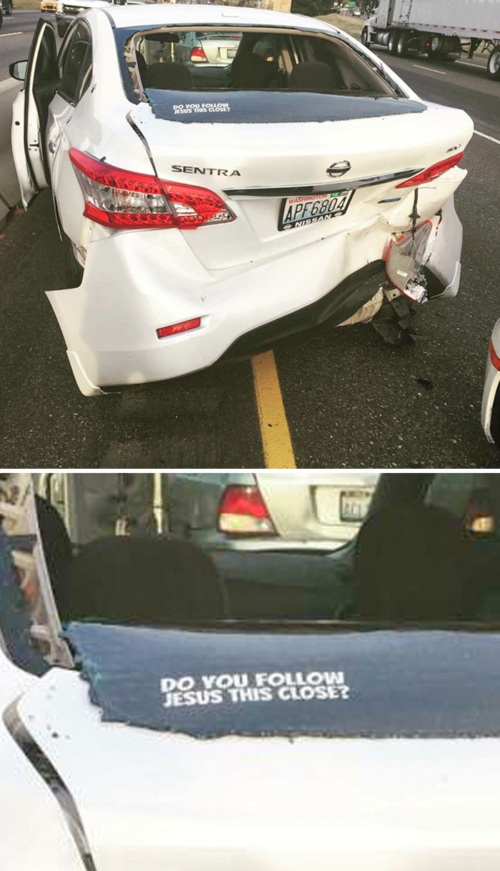 My Friend Got Into An Accident. At Least Her Bumper Sticker Made It