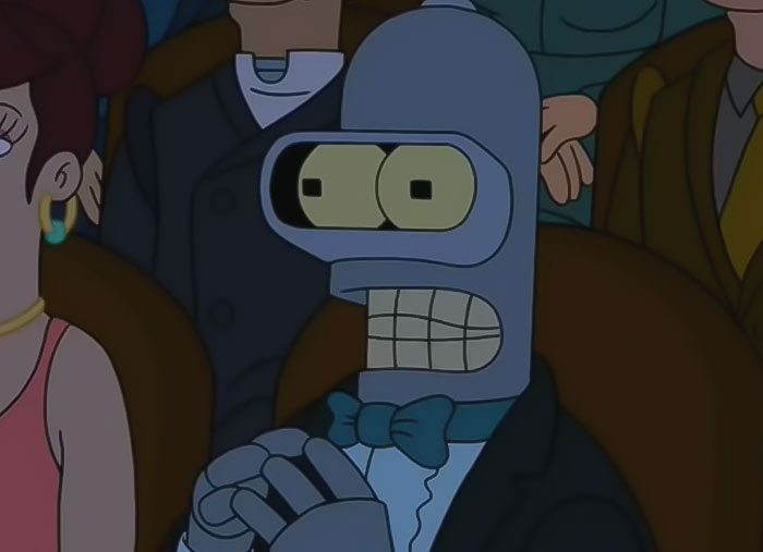 Bender wearing suit and sitting from Futurama