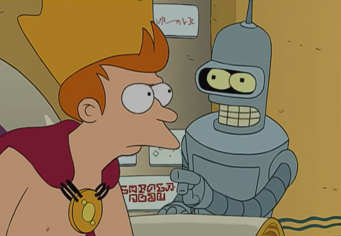 Fry wearing kings clothes and Bender pointing from Futurama