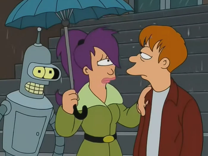 Leela Fry and Bender in rainy weather from Futurama
