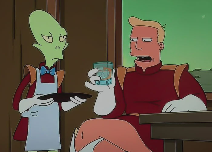 Zapp drinking and Kif holding plate from Futurama