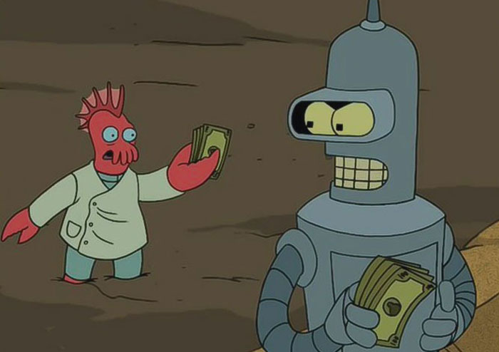 Zoidberg and Bender holding money from Futurama