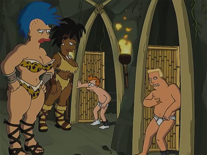 Zapp and Fry naked with giant womans from Futurama
