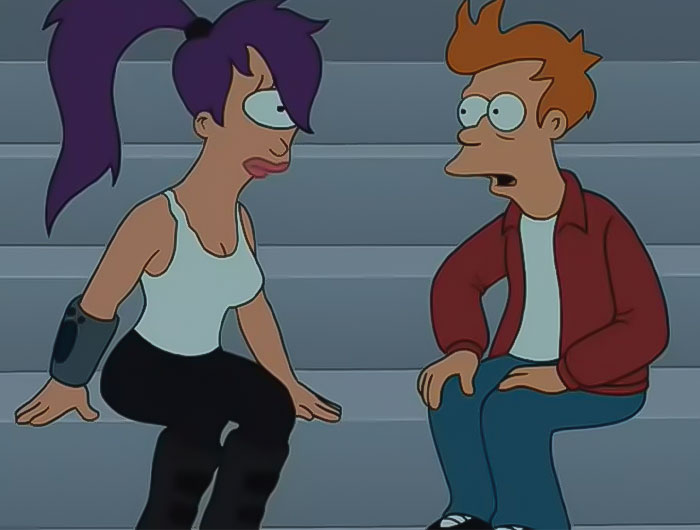 Leela and Fry sitting on stairs from Futurama