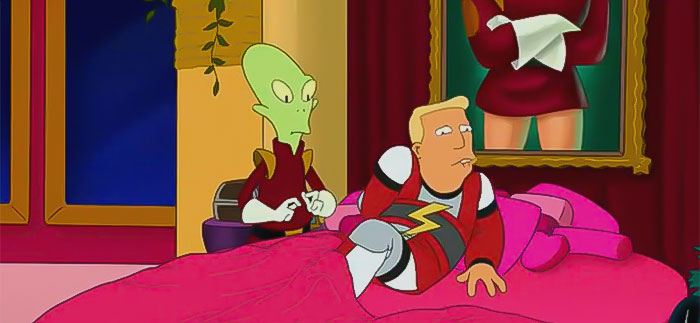 Zapp lying in bed and Kif standing from Futurama
