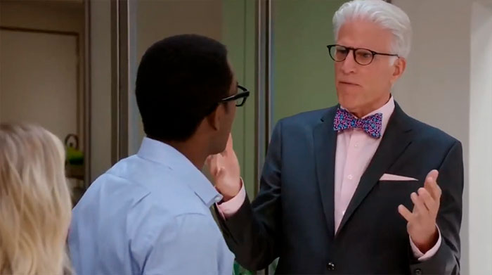 Michael talking with Chidi 