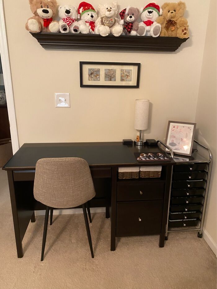 My New Desk! Finally Cleared The Space And It’s Perfect. Got A Place For My Bears Too!