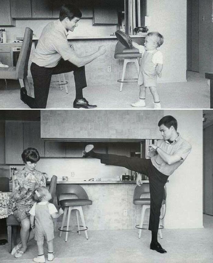 Bruce Lee Teaching His Son, Brandon, Martial Arts At An Early Age. 1960s