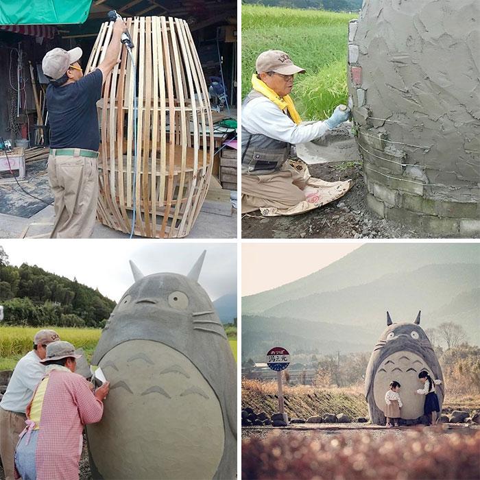 In Japan, These Grandparents Didn't Want Kids To Feel Lonely While Waiting For The Bus. So They Made A Life-Size Version Of Totoro, A Famous Cartoon Character, At The Bus Stop