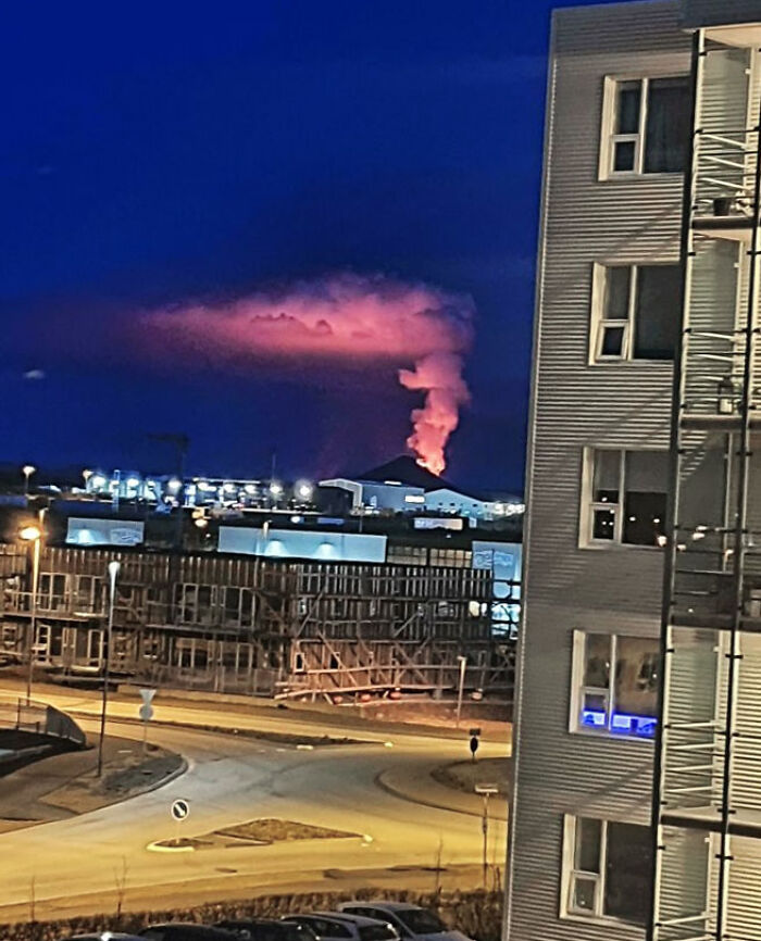 The View Of Iceland's Active Volcano Behind A Mountain, Seen From My Balcony Tonight